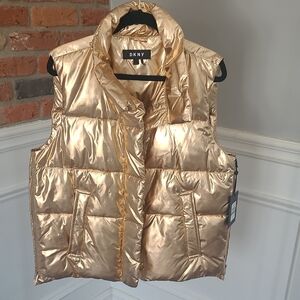 DKNY Shiny Rose Gold Quilted Sleeveless Puffer Vest